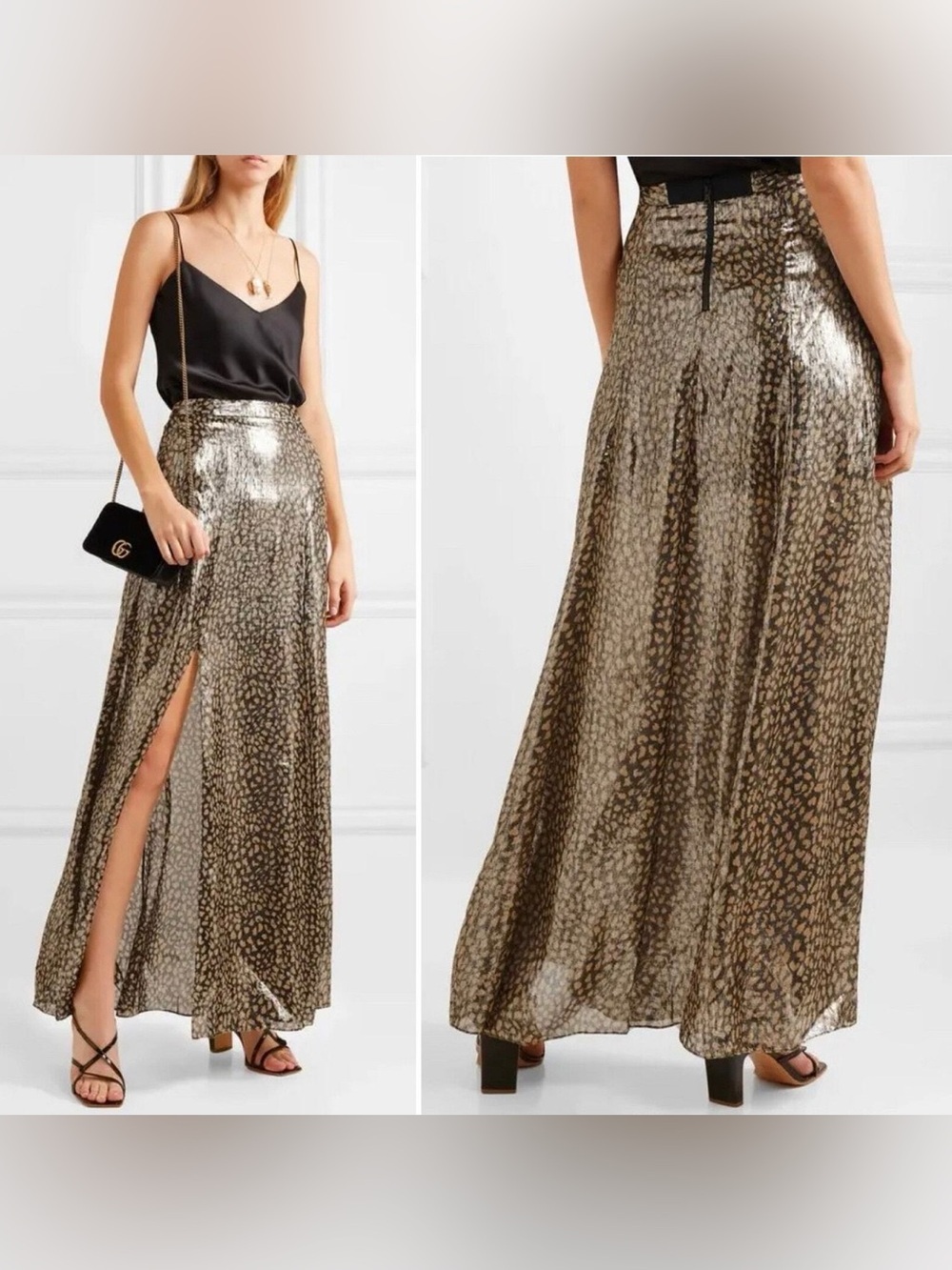 Alice + Olivia Metallic Gold Leopard-Print Maxi Skirt NWT 6